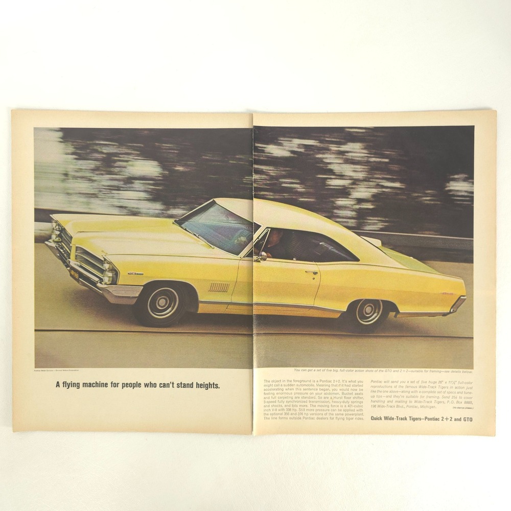 Pontiac GTO 2+2 Print Ad Wide Track Tigers Yellow Muscle Car Garage Wall Decor